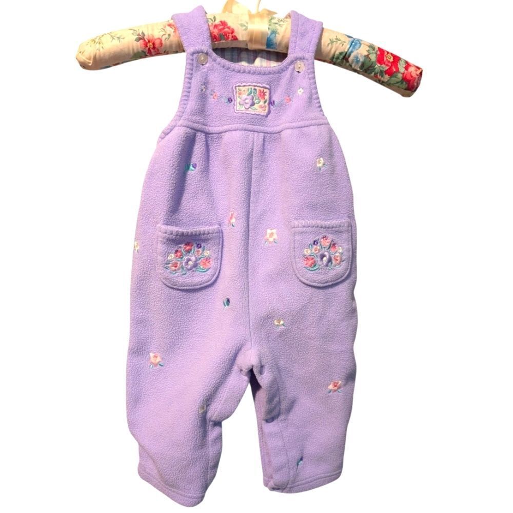 Vintage Infant Girls Pastel Purple Fleece Floral Embroidered Romper